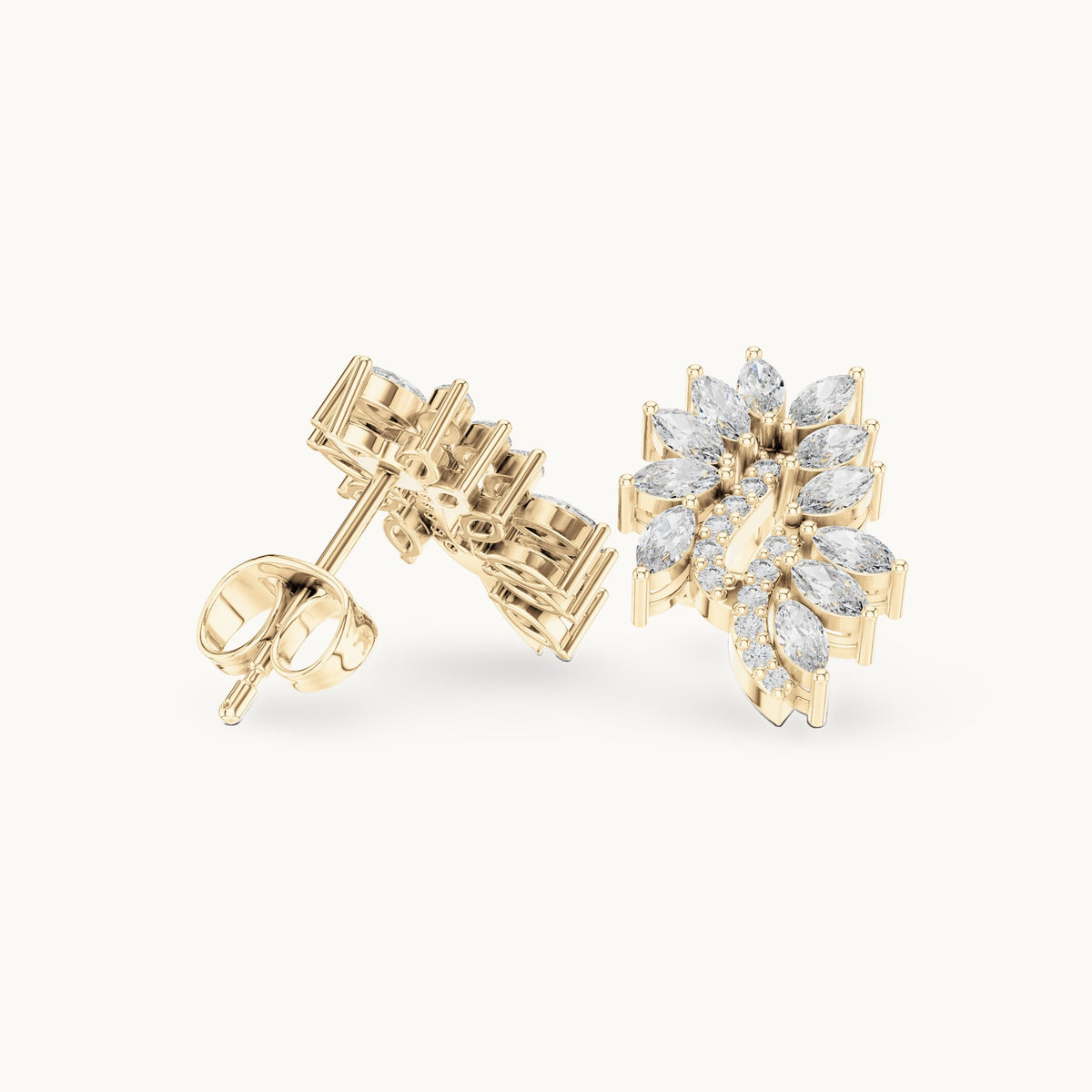 Marquise and round lab-grown diamond leaf cluster stud earrings in yellow gold, 0.61 CT TW, view 1