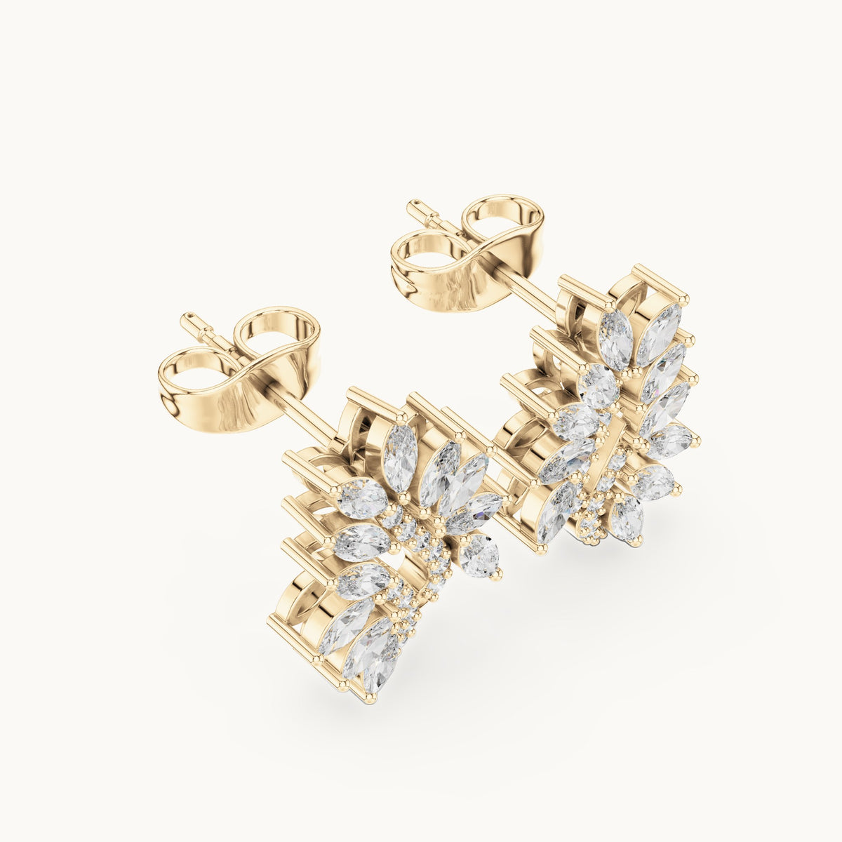 Marquise and round lab-grown diamond leaf cluster stud earrings in yellow gold, 0.61 CT TW, view 2