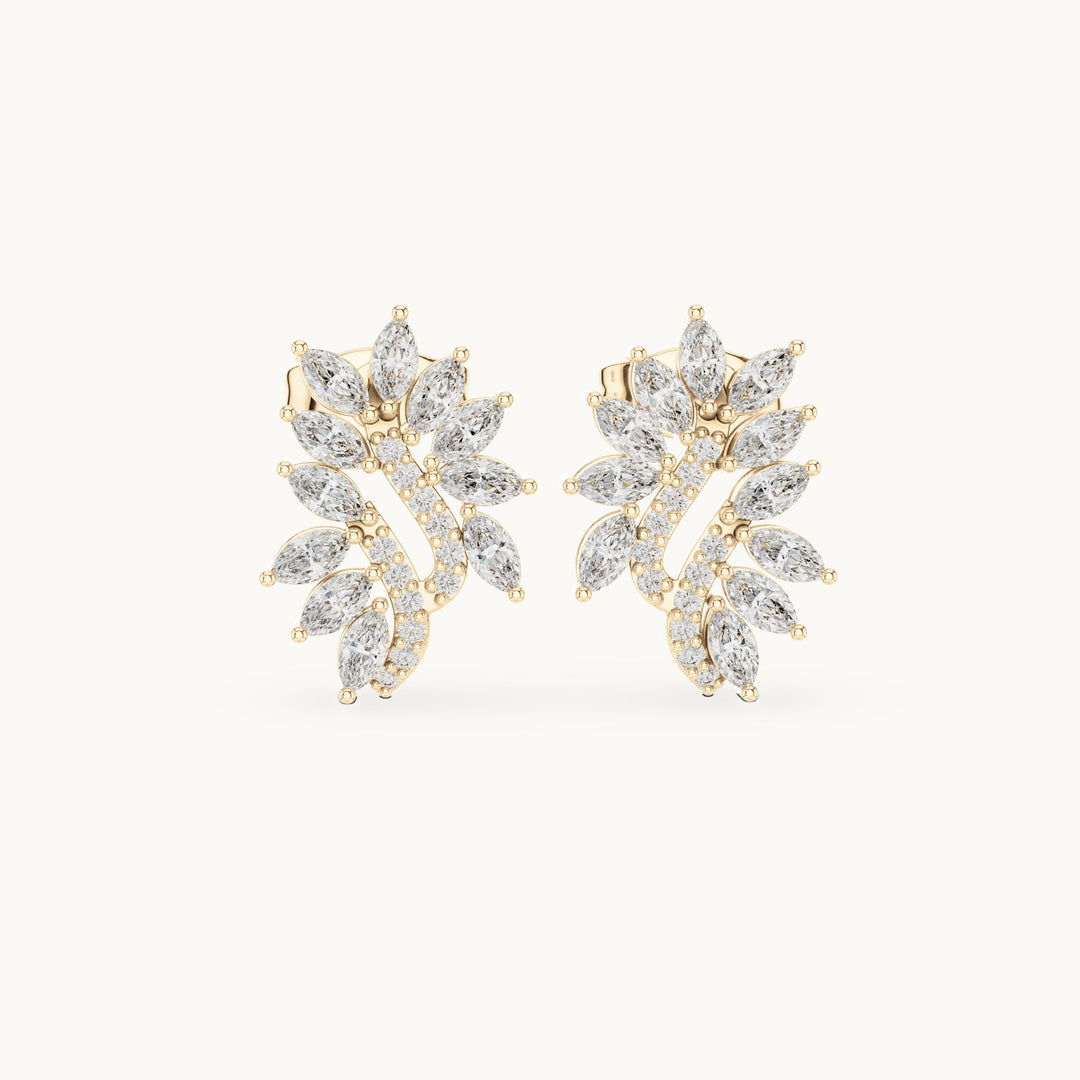 Marquise and round lab-grown diamond leaf cluster stud earrings in yellow gold, 0.61 CT TW, view 4