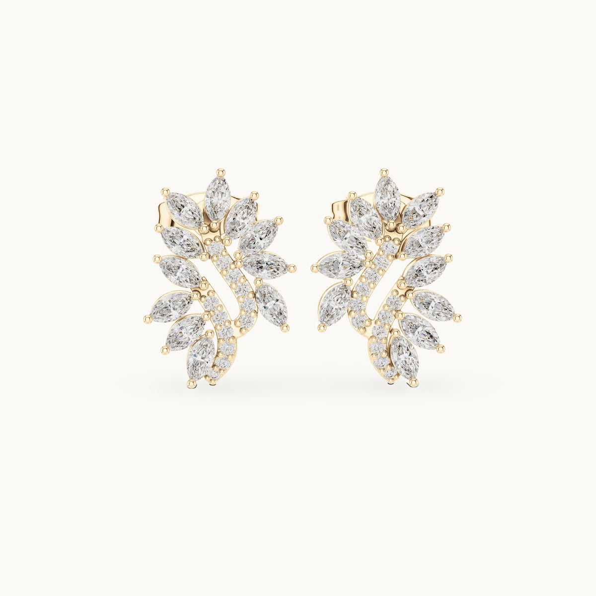 Marquise and round lab-grown diamond leaf cluster stud earrings in yellow gold, 0.61 CT TW, view 4