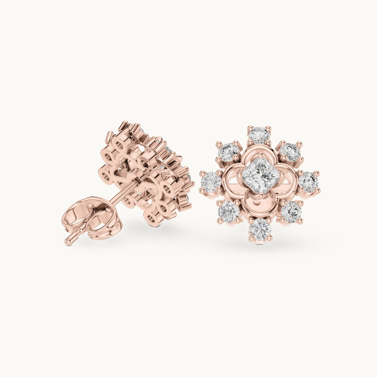 Round and princess-cut lab-grown diamond scalloped cluster stud earrings in rose gold, 0.83 CT TW, view 1