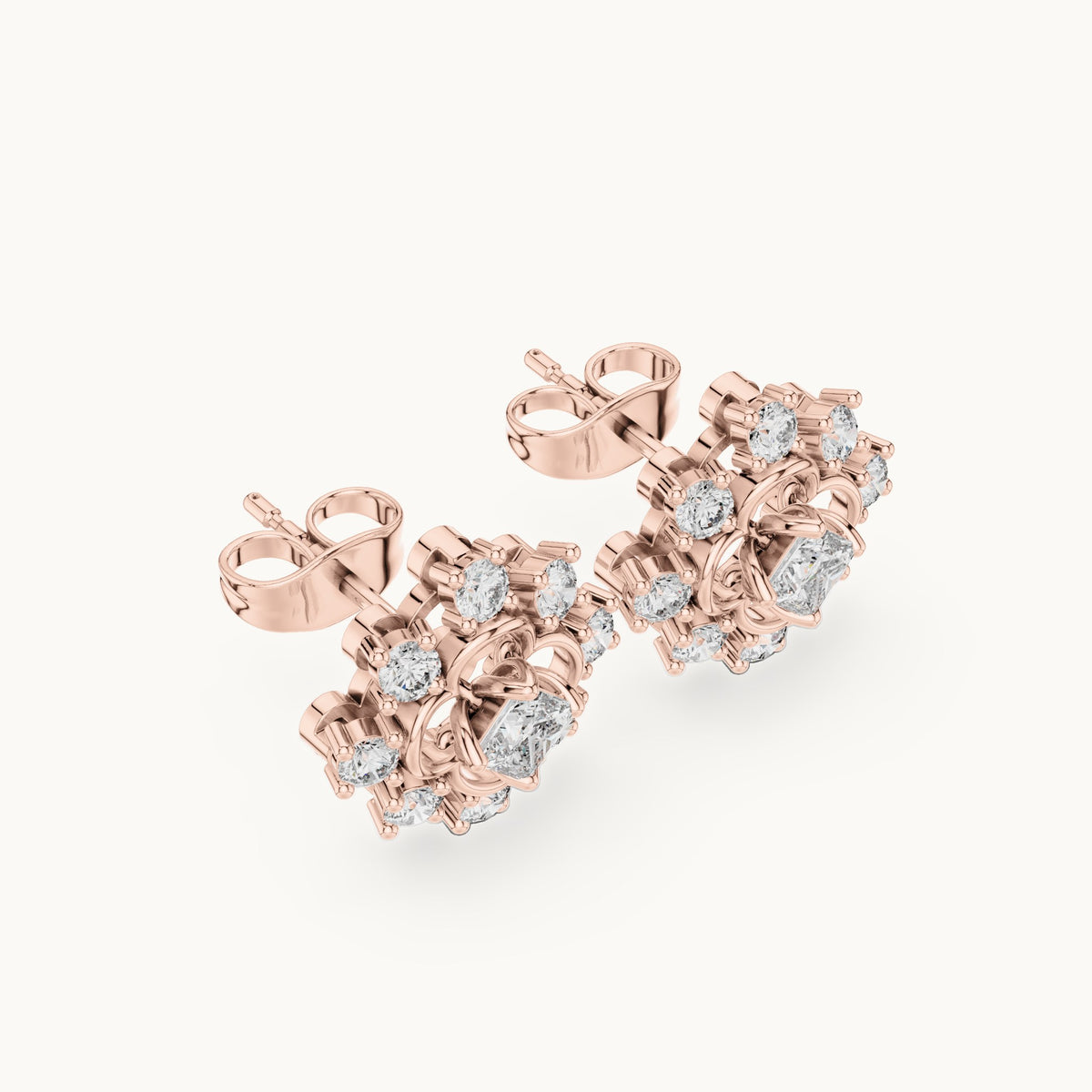 Round and princess-cut lab-grown diamond scalloped cluster stud earrings in rose gold, 0.83 CT TW, view 2