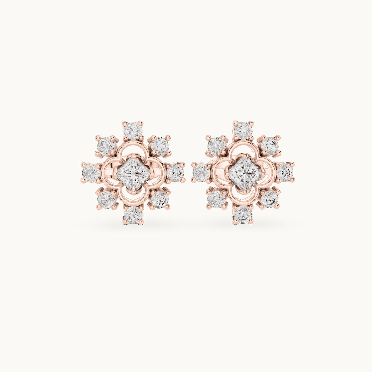 Round and princess-cut lab-grown diamond scalloped cluster stud earrings in rose gold, 0.83 CT TW, view 4