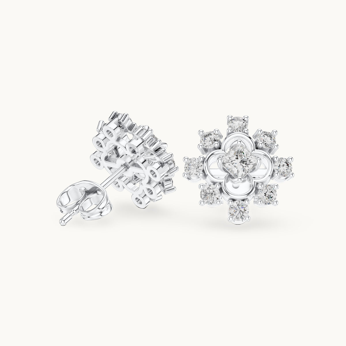 Round and princess-cut lab-grown diamond scalloped cluster stud earrings in white gold, 0.83 CT TW, view 1