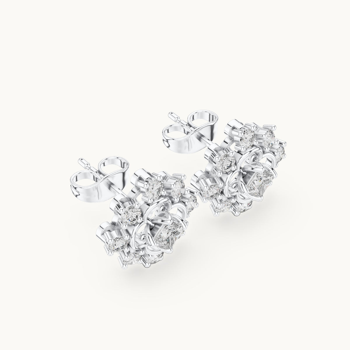 Round and princess-cut lab-grown diamond scalloped cluster stud earrings in white gold, 0.83 CT TW, view 2
