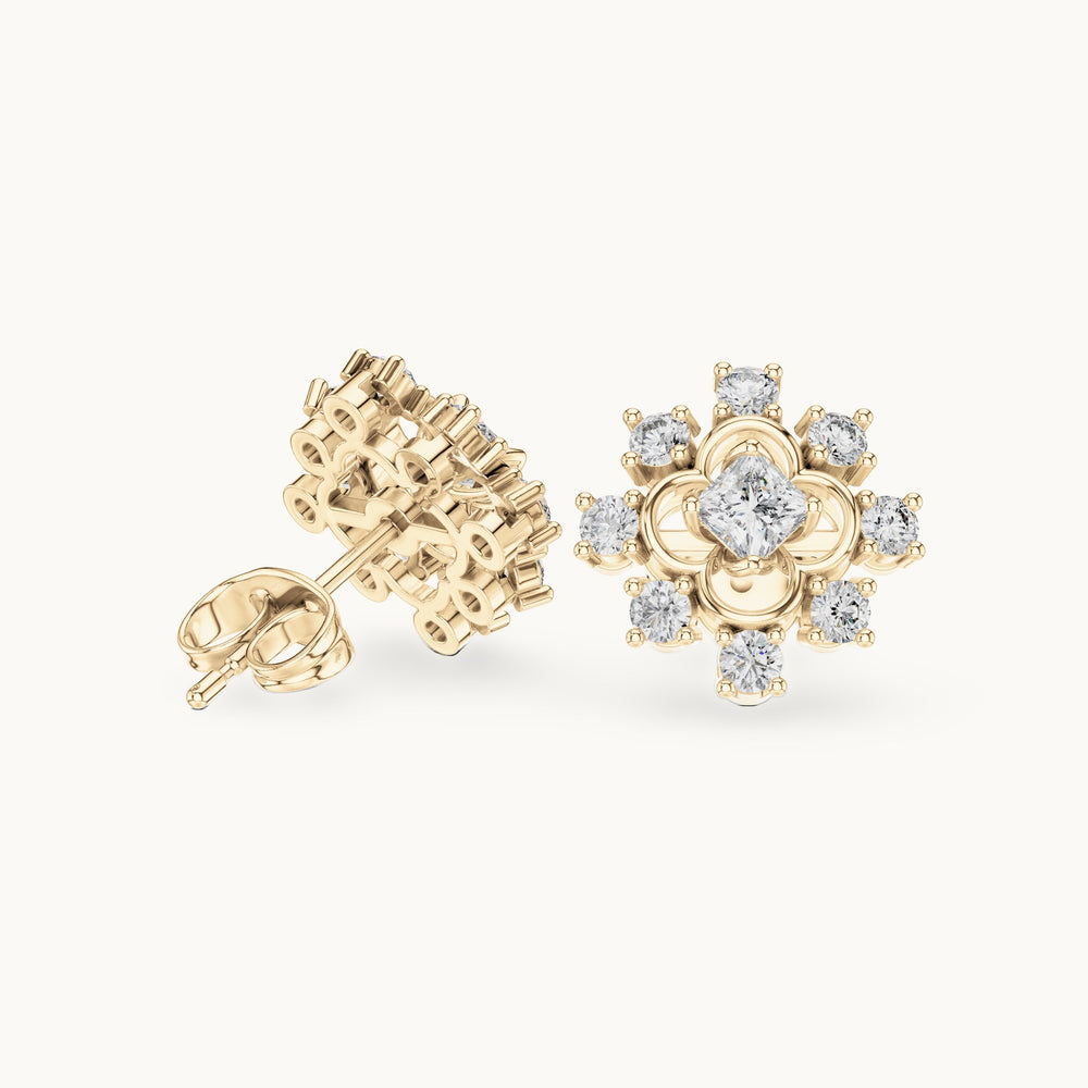 Round and princess-cut lab-grown diamond scalloped cluster stud earrings in yellow gold, 0.83 CT TW, view 1