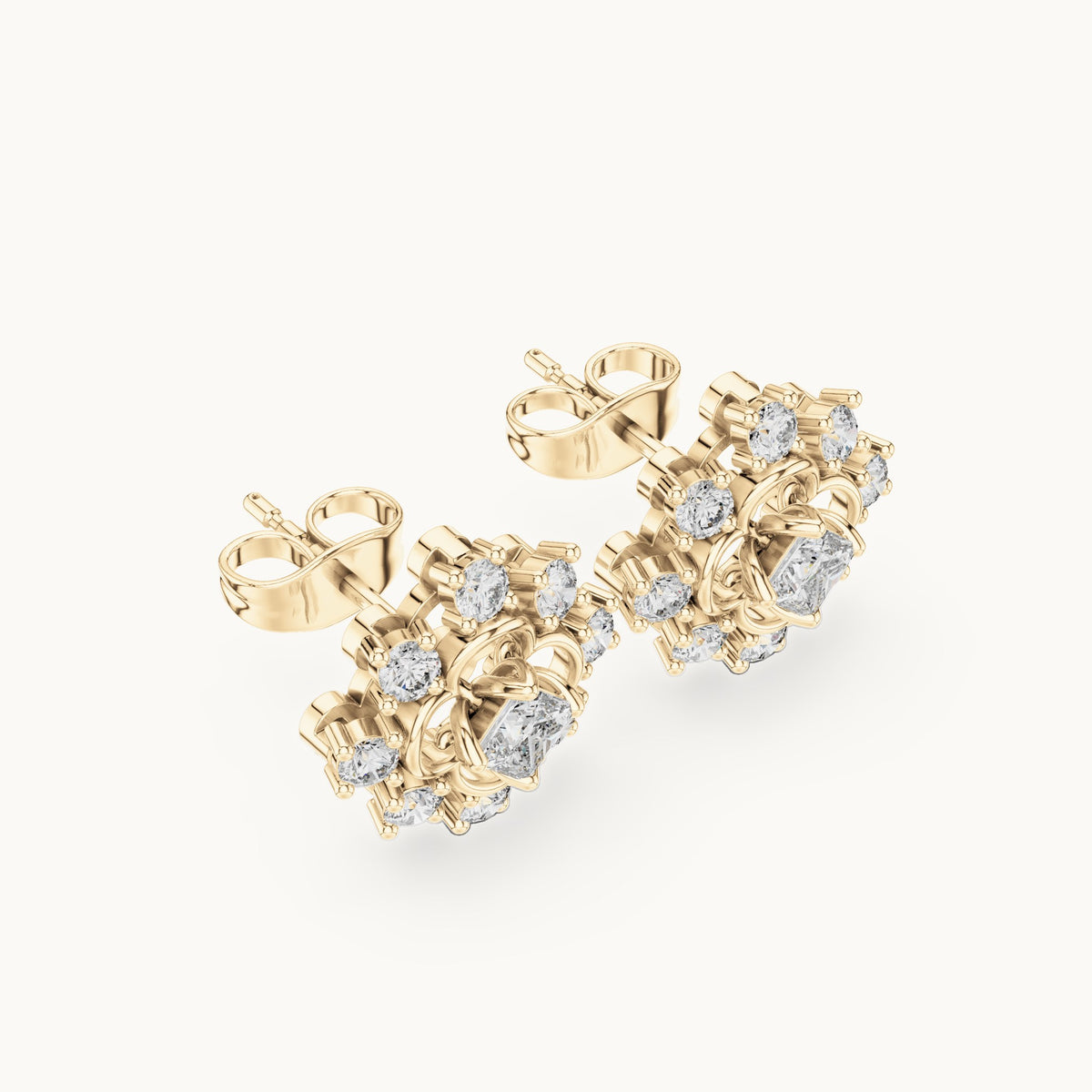 Round and princess-cut lab-grown diamond scalloped cluster stud earrings in yellow gold, 0.83 CT TW, view 2