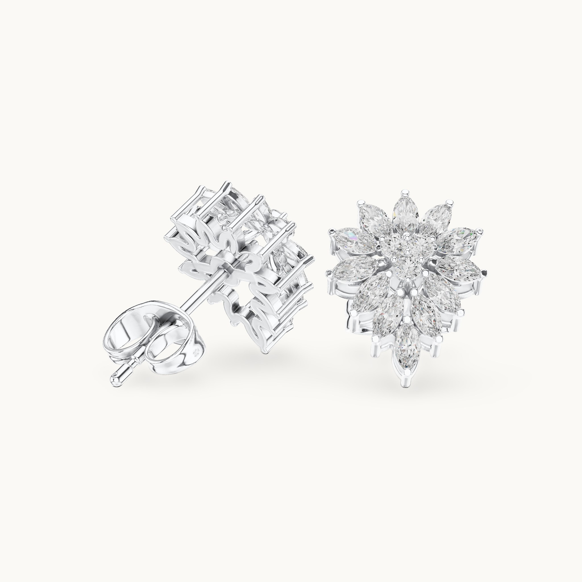 Marquise and round lab-grown diamond cluster stud earrings in 14K white gold, 0.62 CT TW, view 1