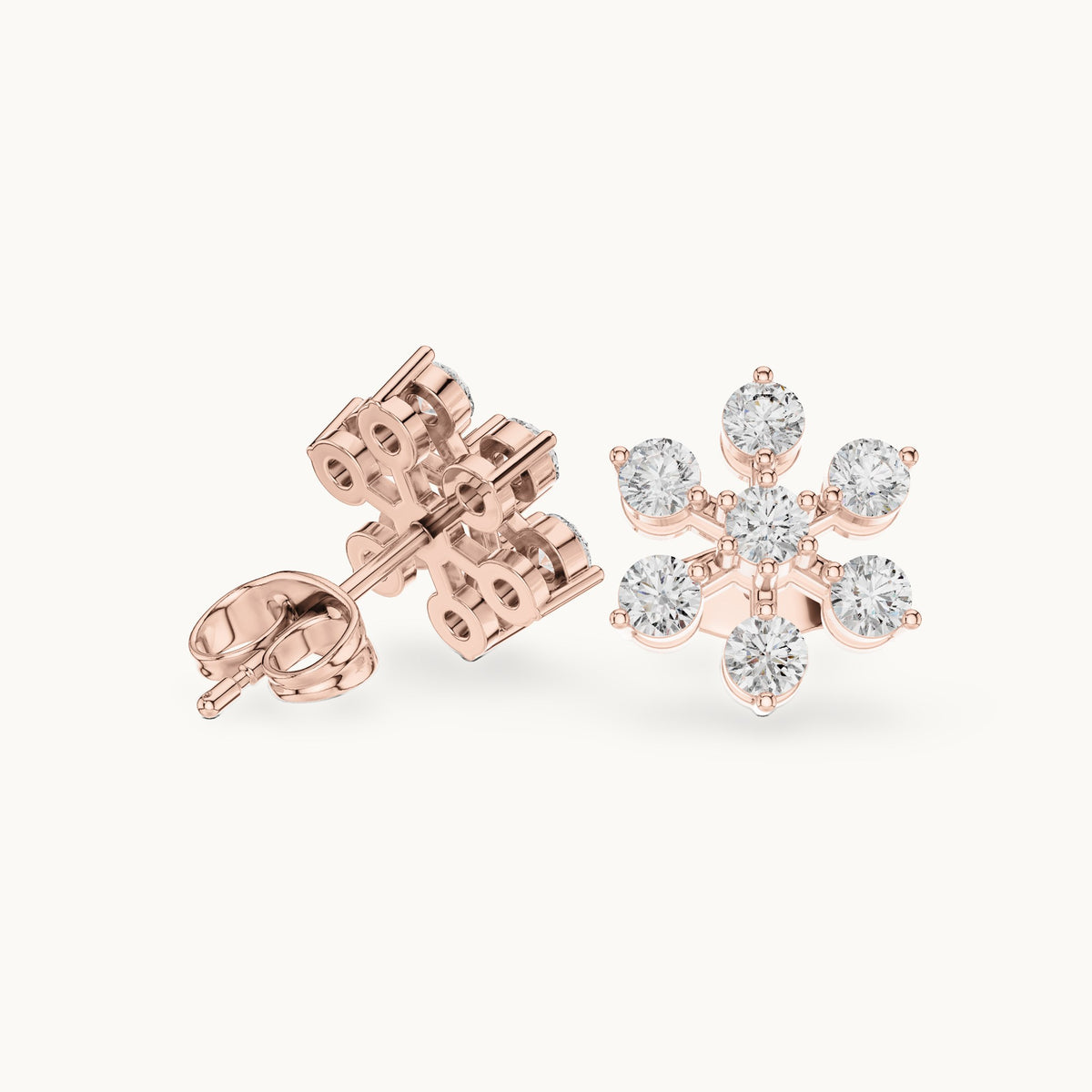 Round lab-grown diamond flower cluster stud earrings in rose gold, 0.91 CT TW, view 1