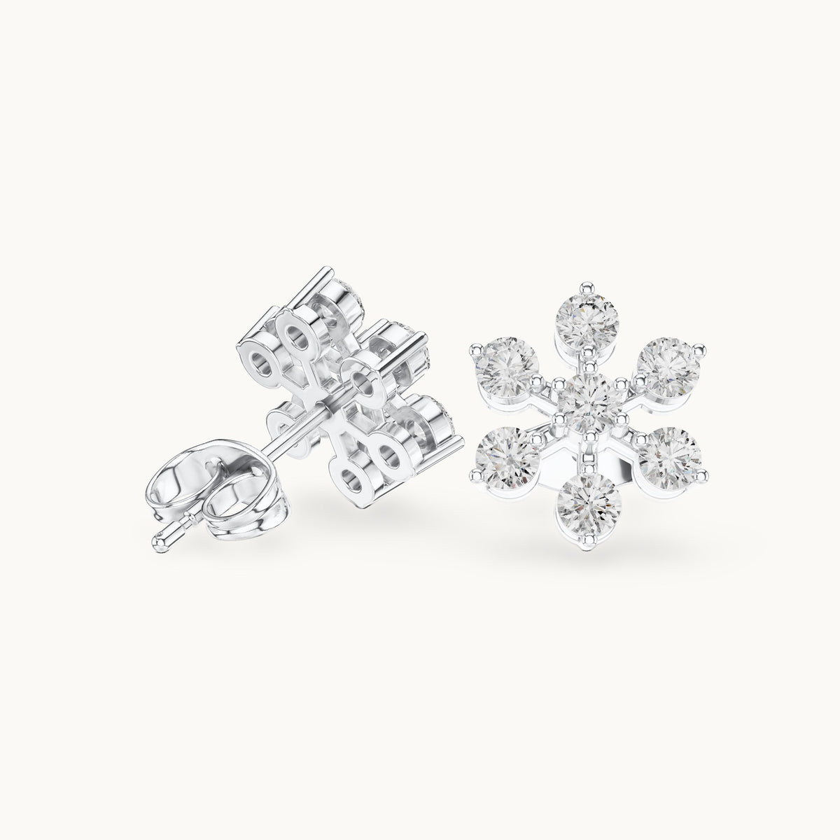 Round lab-grown diamond flower cluster stud earrings in white gold, 0.91 CT TW, view 1