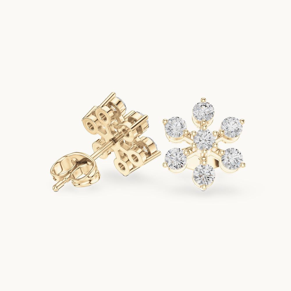 Round lab-grown diamond flower cluster stud earrings in yellow gold, 0.91 CT TW, view 1