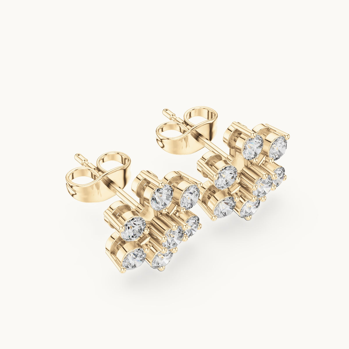 Round lab-grown diamond flower cluster stud earrings in yellow gold, 0.91 CT TW, view 2