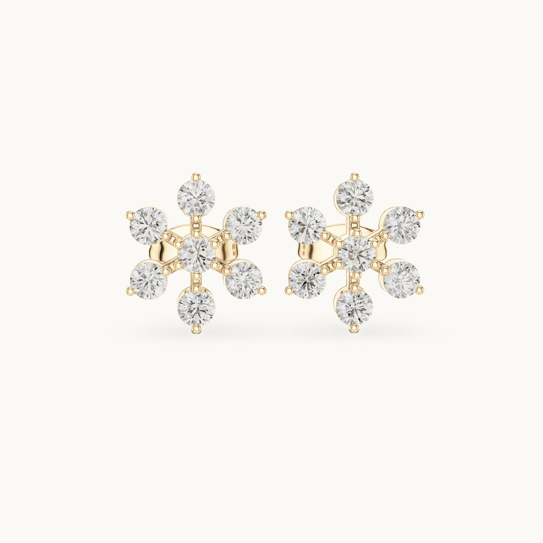 Round lab-grown diamond flower cluster stud earrings in yellow gold, 0.91 CT TW, view 4