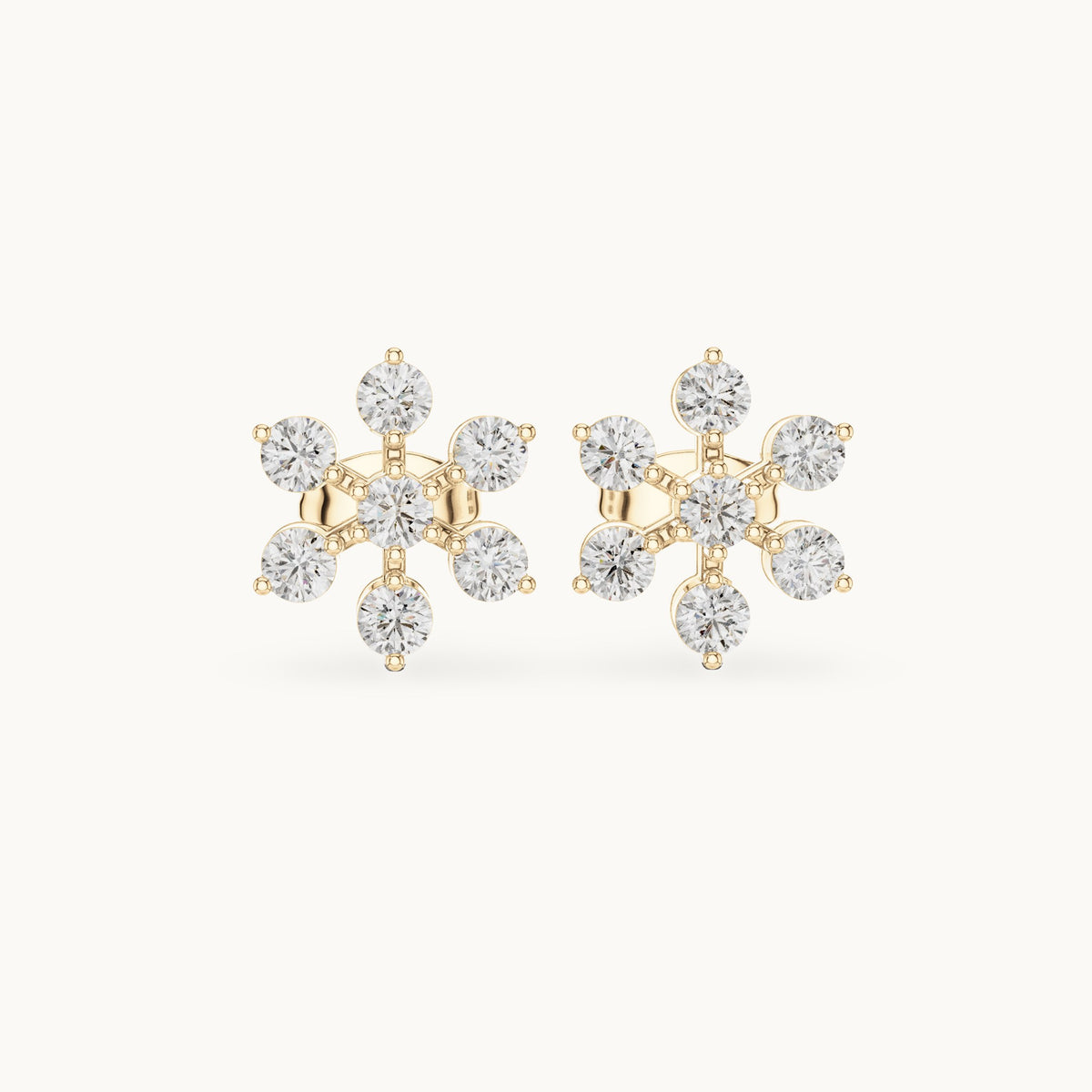 Round lab-grown diamond flower cluster stud earrings in yellow gold, 0.91 CT TW, view 4