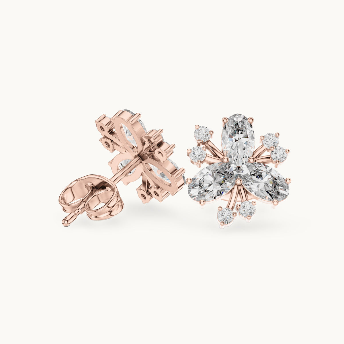 Oval and round lab-grown diamond petal cluster stud earrings in rose gold, 1.16 CT TW, view 1