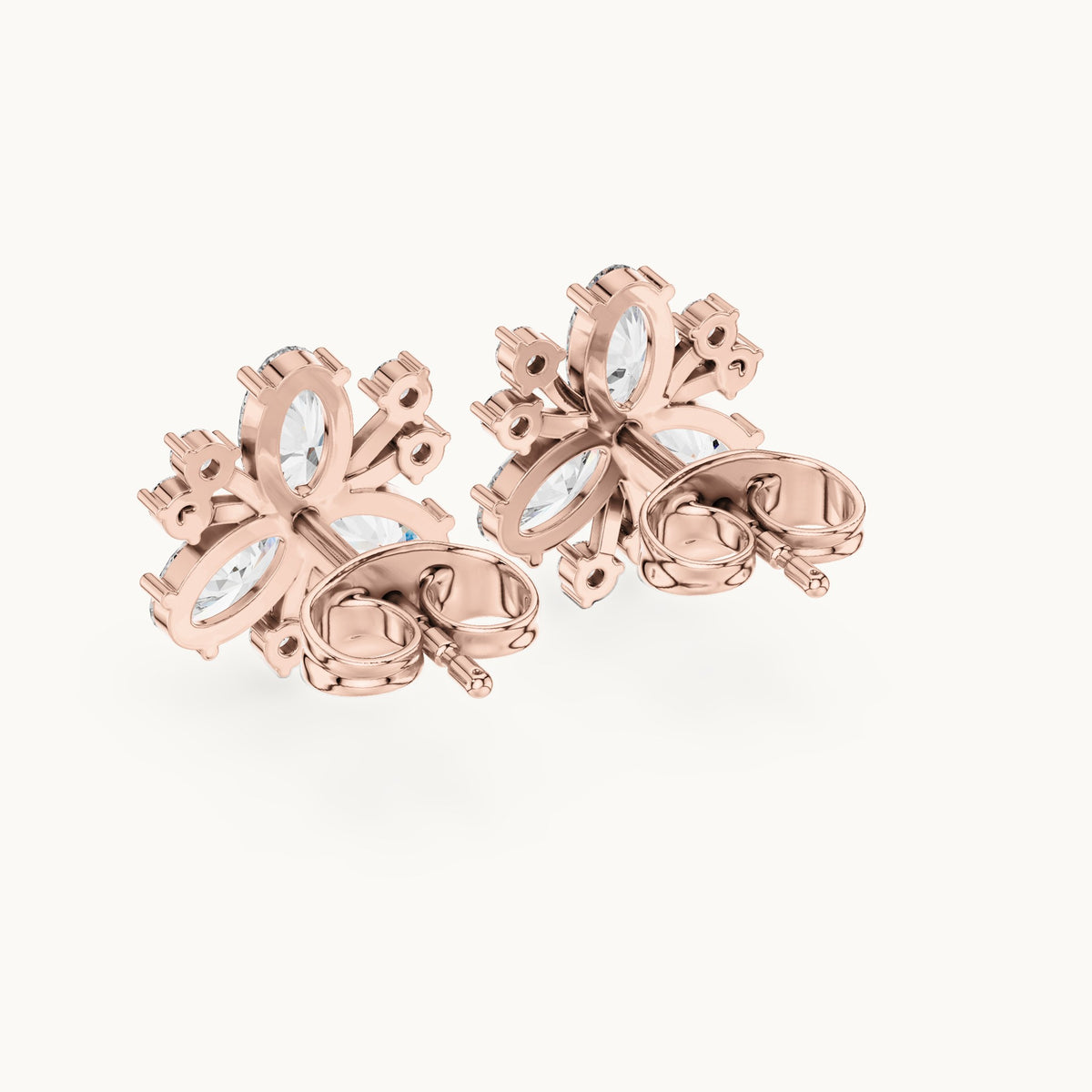 Oval and round lab-grown diamond petal cluster stud earrings in rose gold, 1.16 CT TW, view 3