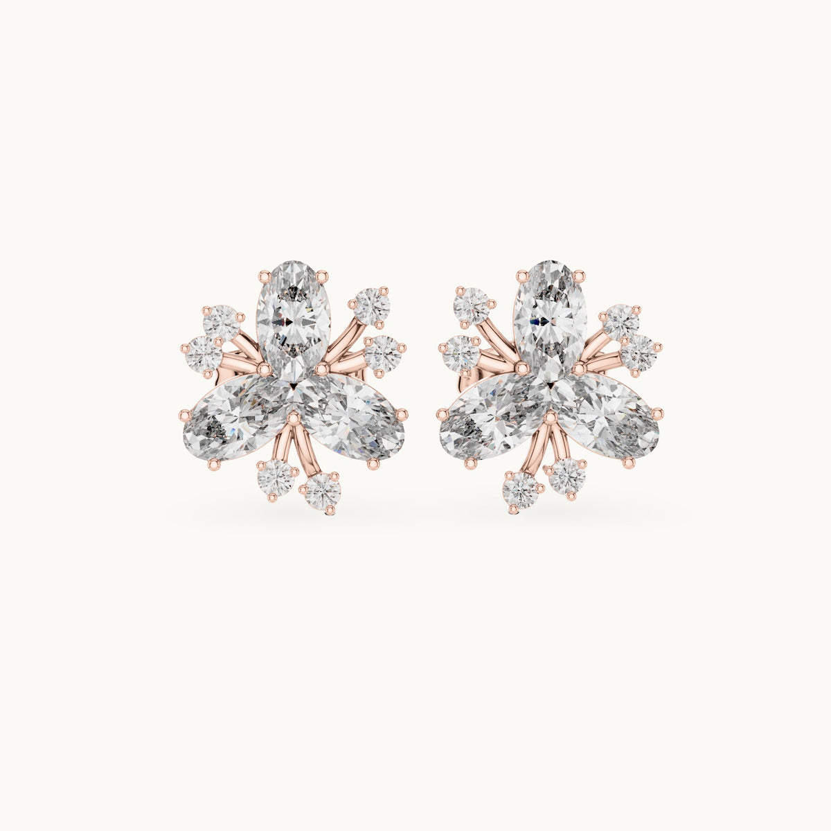 Oval and round lab-grown diamond petal cluster stud earrings in rose gold, 1.16 CT TW, view 4