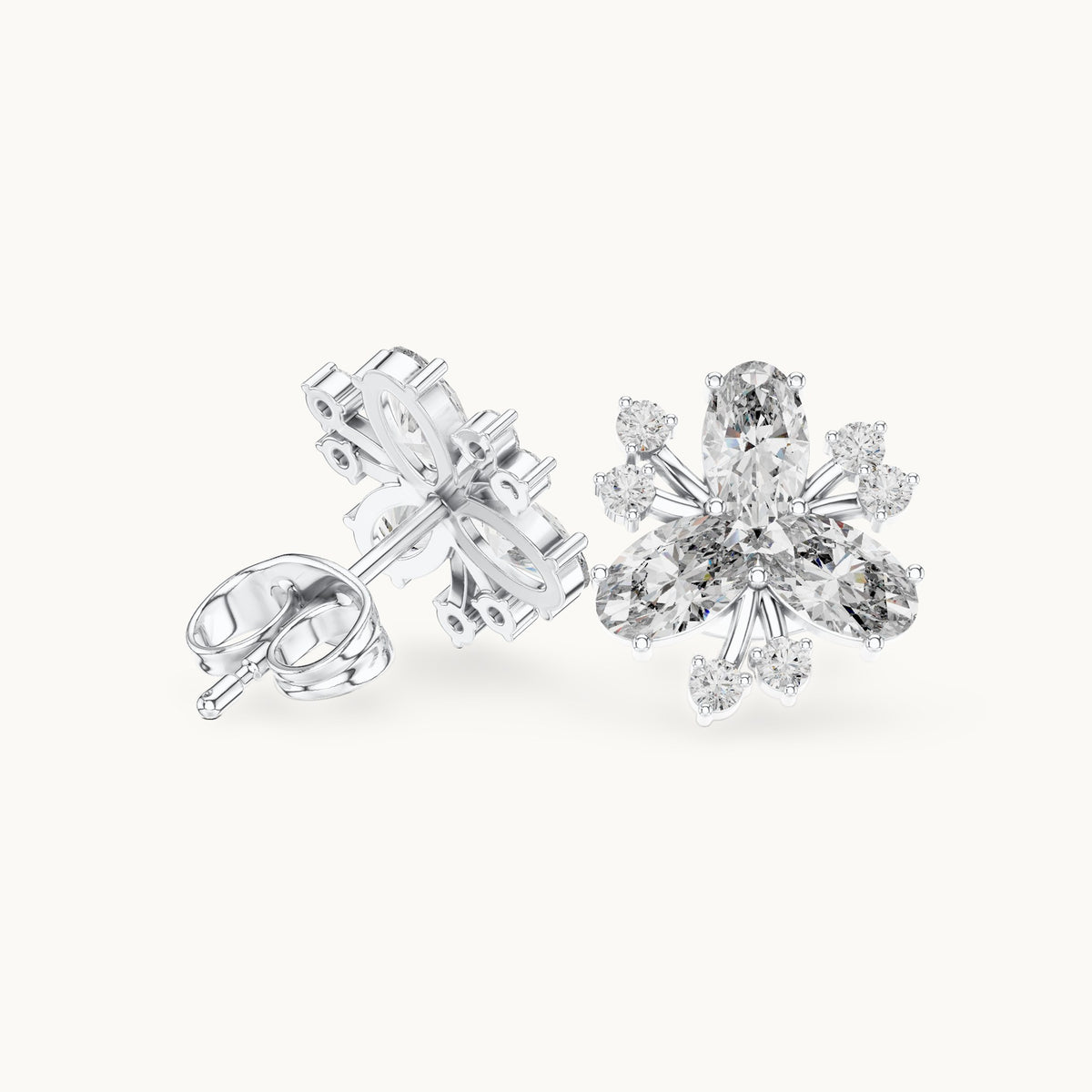 Oval and round lab-grown diamond petal cluster stud earrings in white gold, 1.16 CT TW, view 1