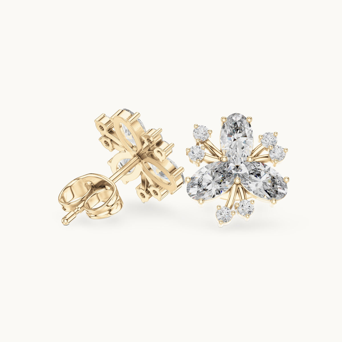 Oval and round lab-grown diamond petal cluster stud earrings in yellow gold, 1.16 CT TW, view 1