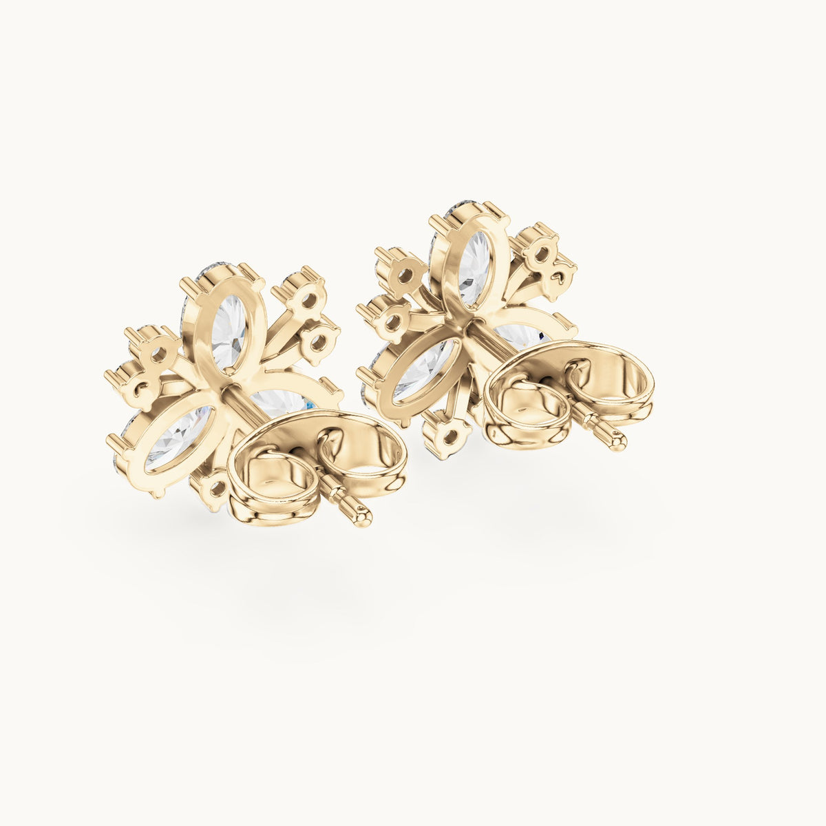 Oval and round lab-grown diamond petal cluster stud earrings in yellow gold, 1.16 CT TW, view 3