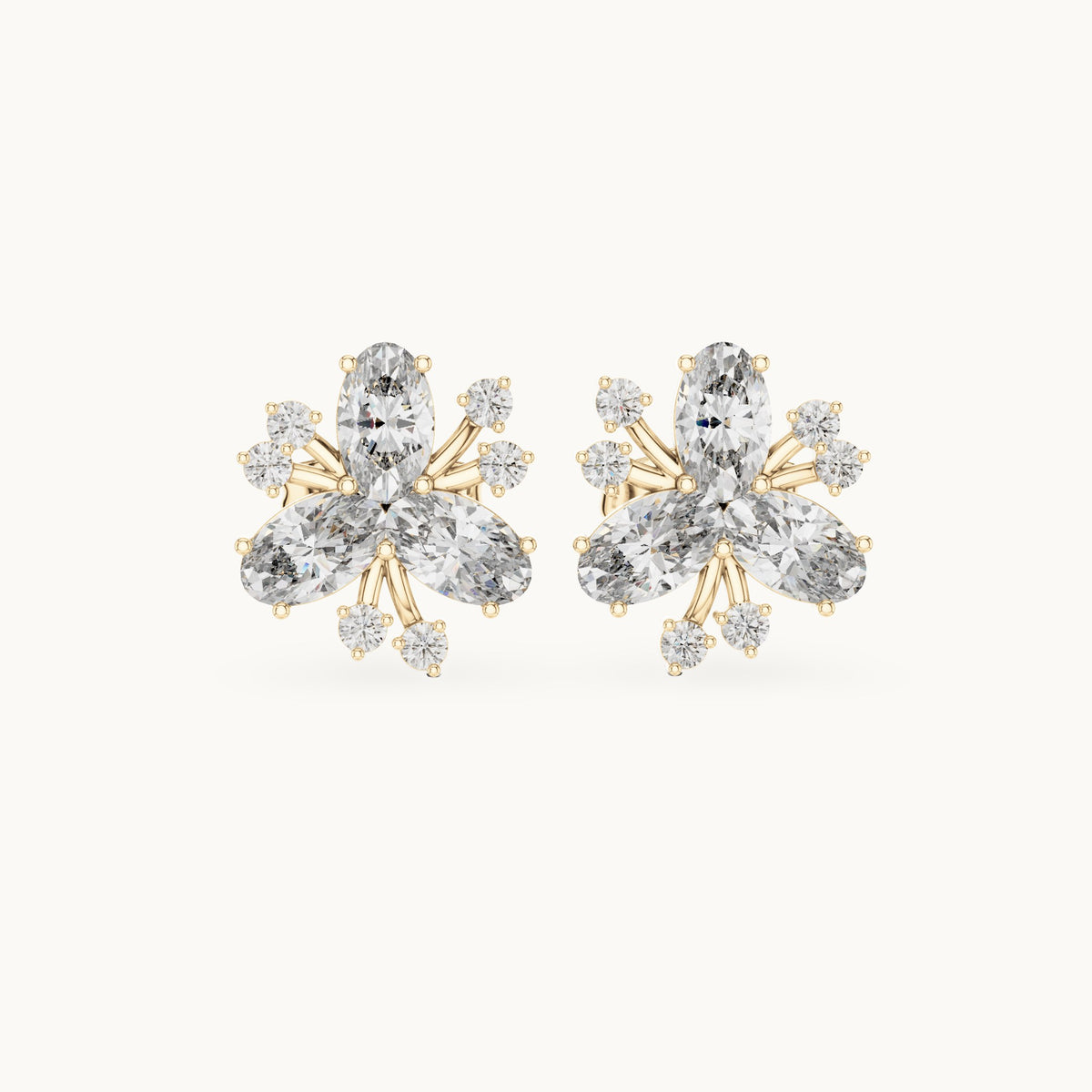 Oval and round lab-grown diamond petal cluster stud earrings in yellow gold, 1.16 CT TW, view 4
