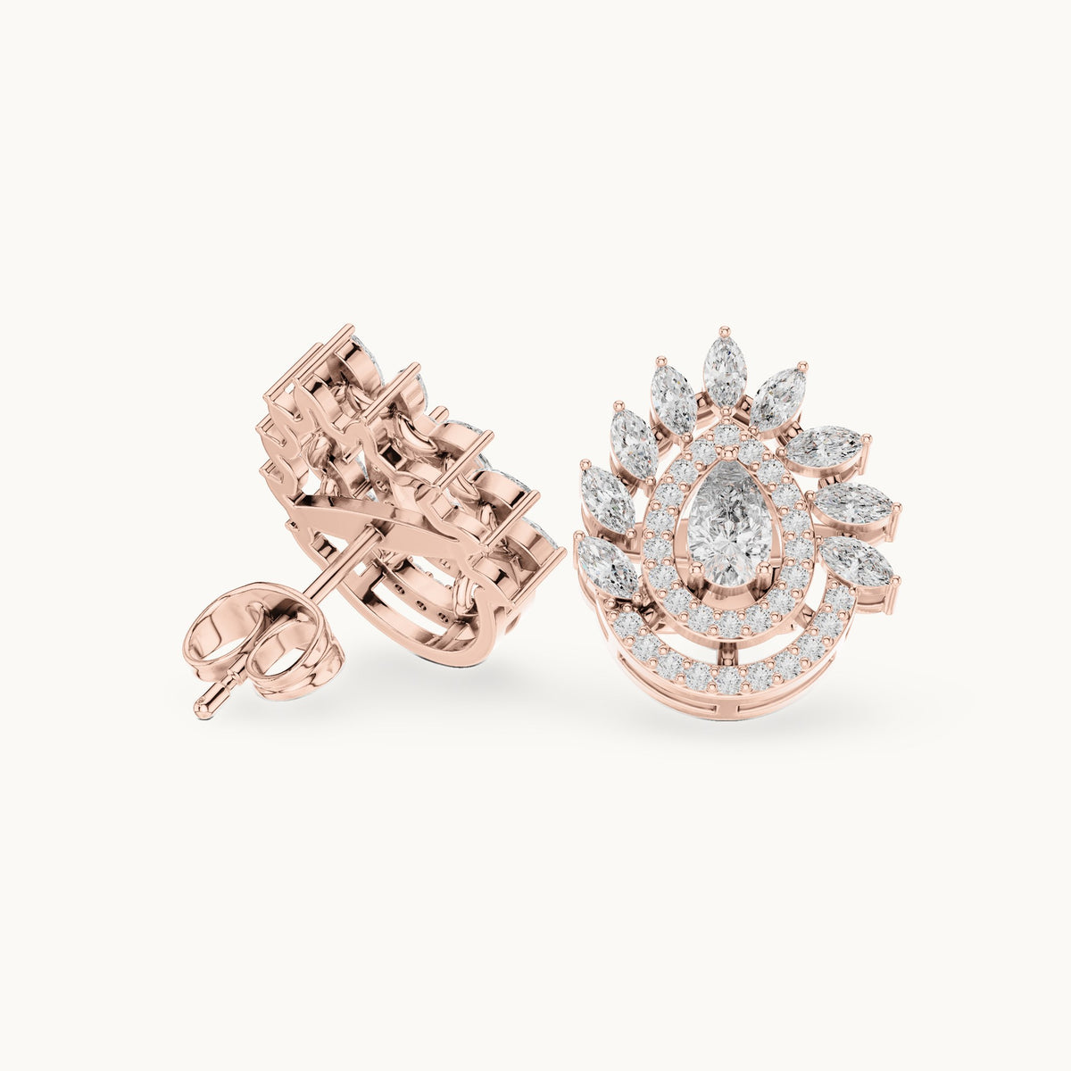 Marquise, pear and round lab-grown diamond double halo stud earrings in rose gold, 1.01 CT TW, view 1