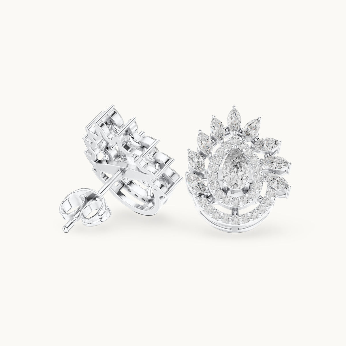Marquise, pear and round lab-grown diamond double halo stud earrings in white gold, 1.01 CT TW, view 1