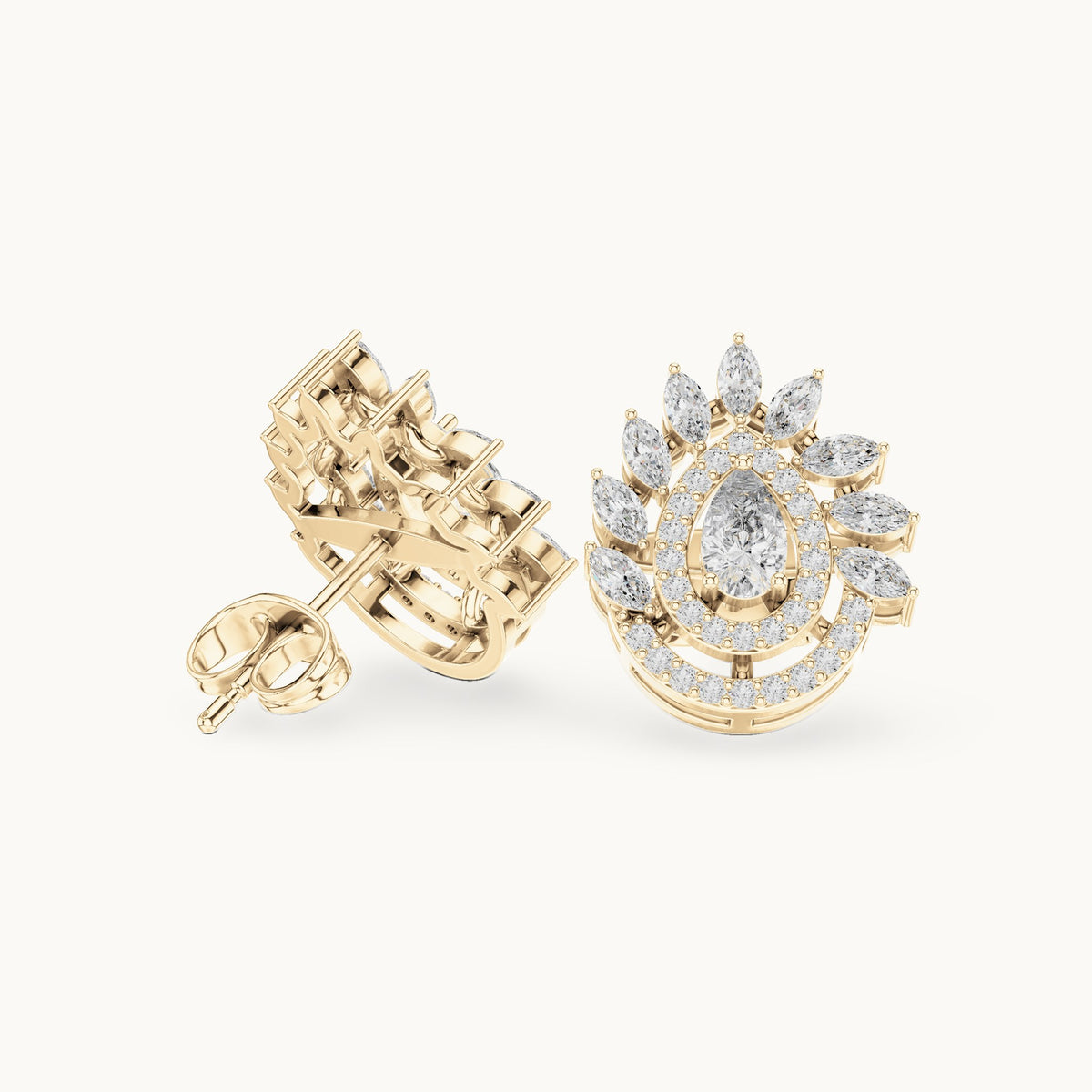 Marquise, pear and round lab-grown diamond double halo stud earrings in yellow gold, 1.01 CT TW, view 1