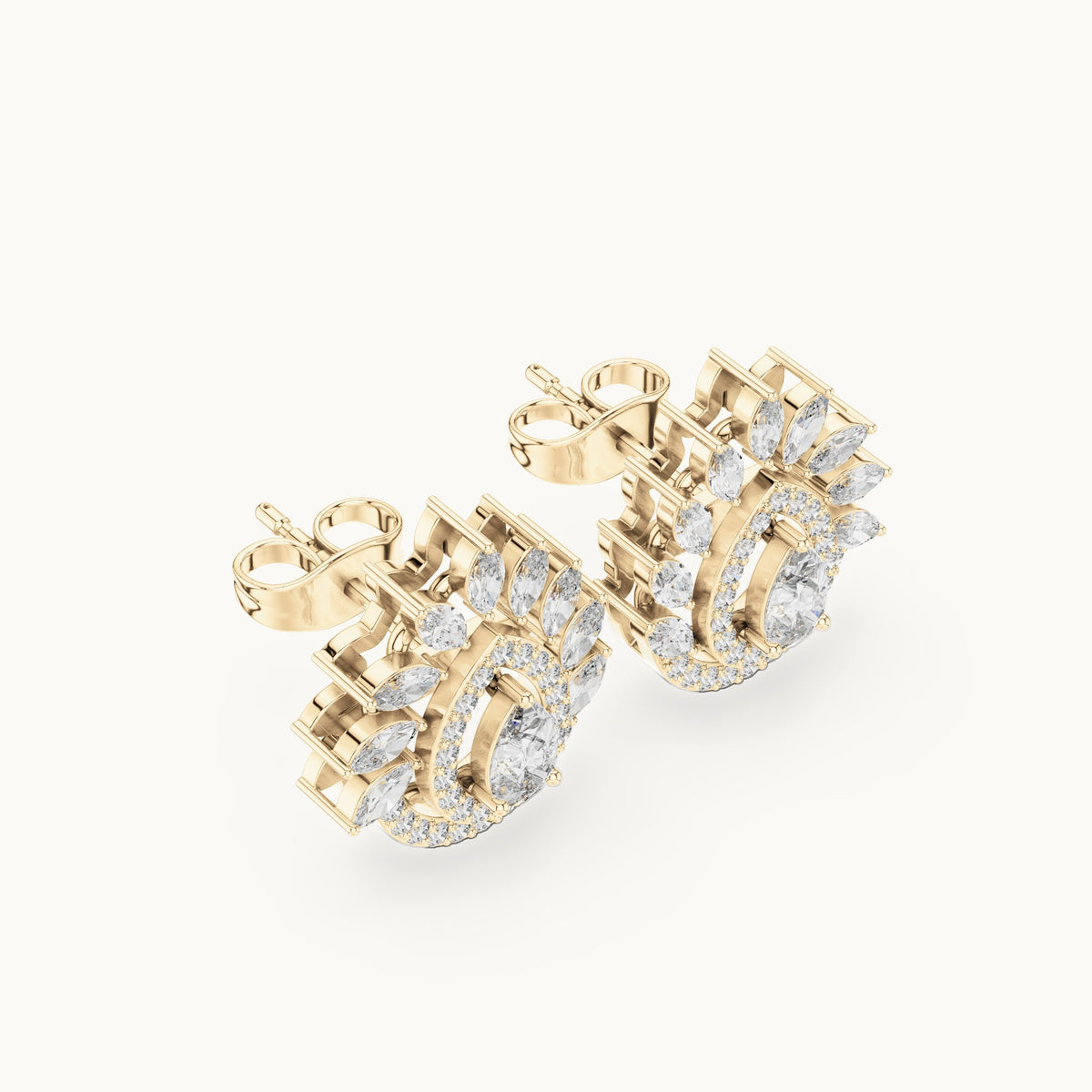 Marquise, pear and round lab-grown diamond double halo stud earrings in yellow gold, 1.01 CT TW, view 2