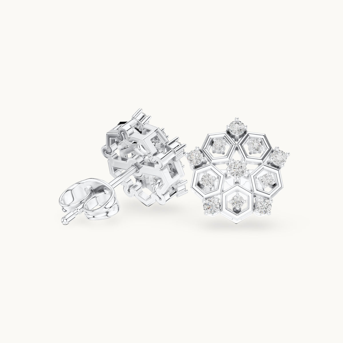 Round lab-grown diamond floral stud earrings in white gold, 0.21 CT TW, view 1