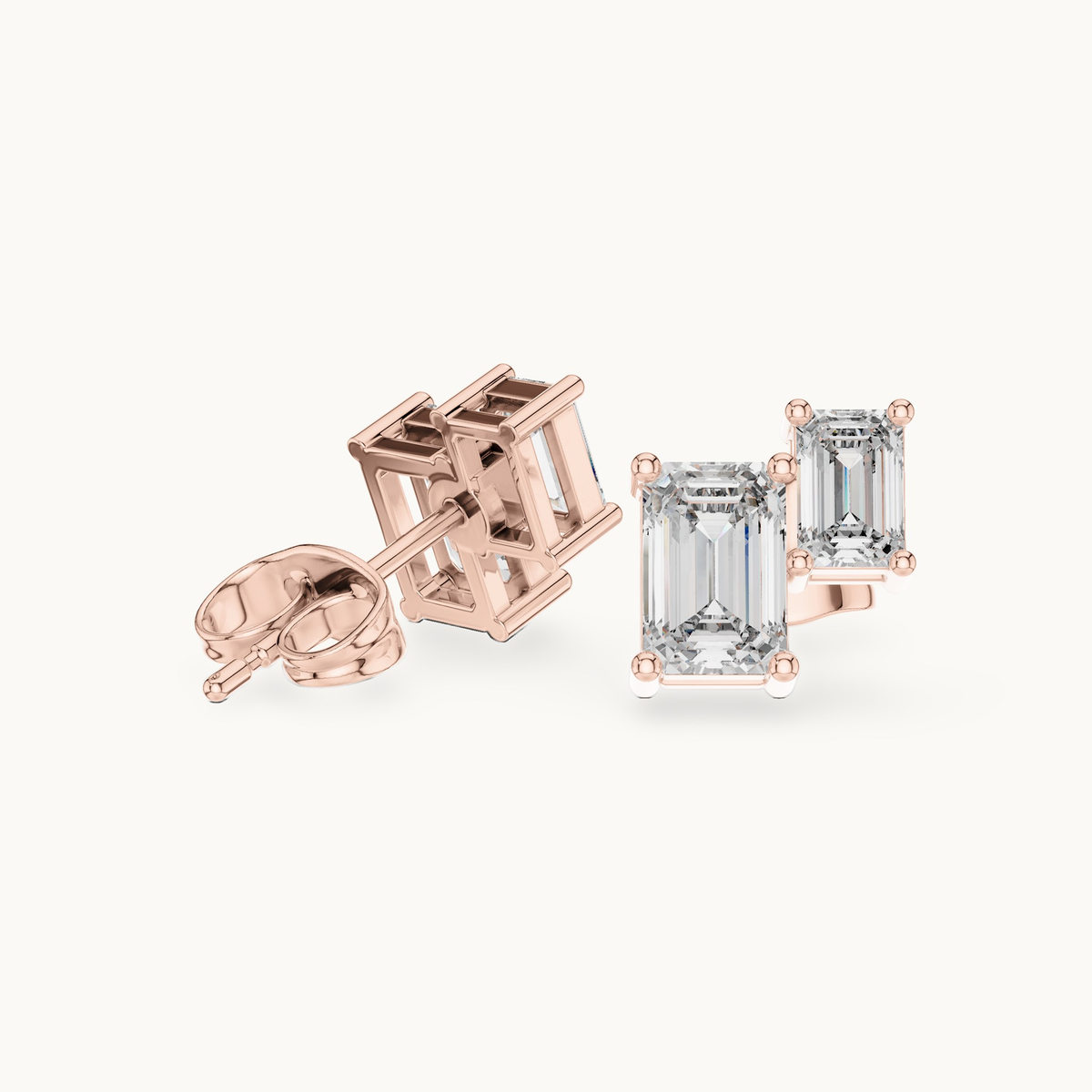 Emerald-cut lab-grown diamond two stone stud earrings in 14K rose gold, 1.47 CT TW, view 1