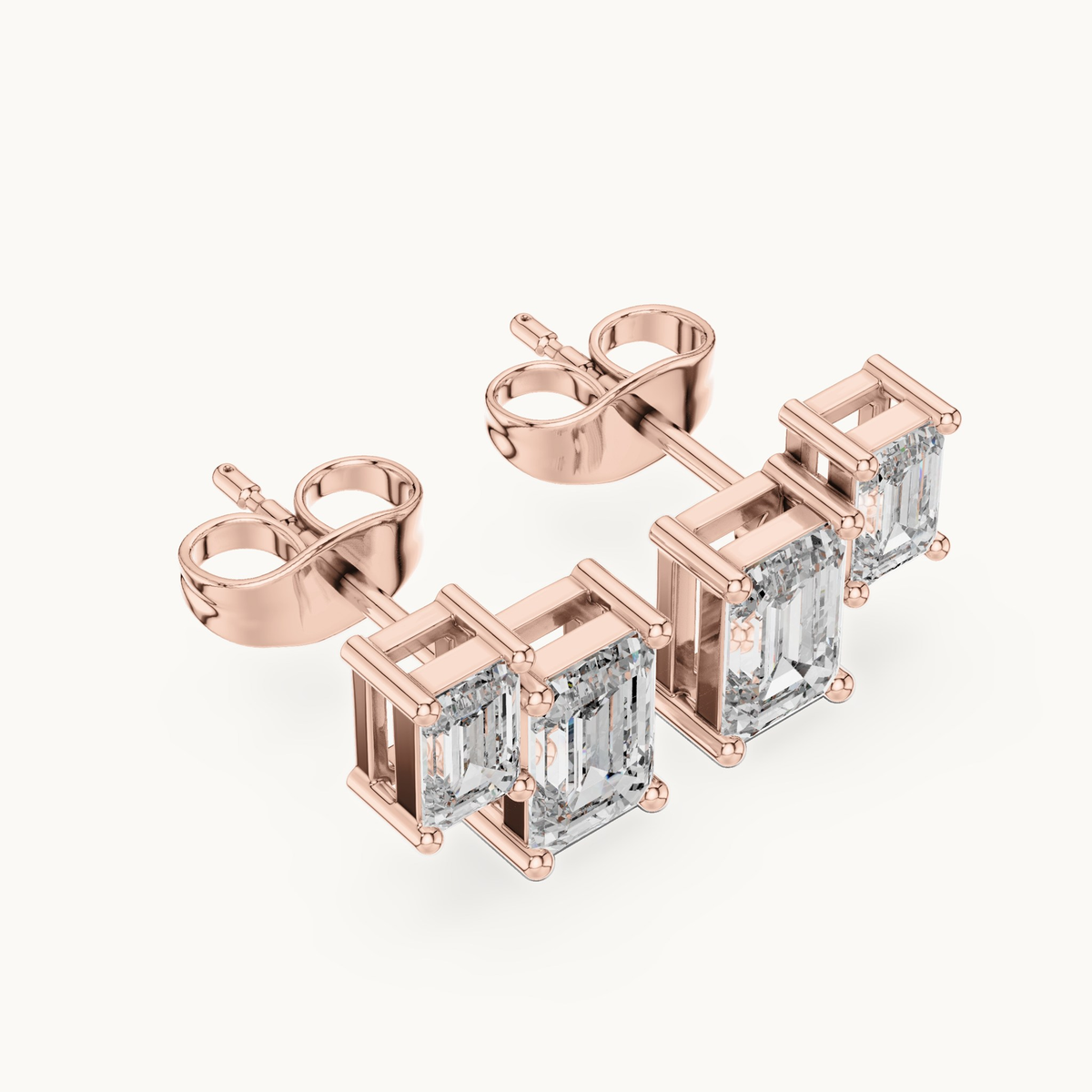Emerald-cut lab-grown diamond two stone stud earrings in 14K rose gold, 1.47 CT TW, view 2