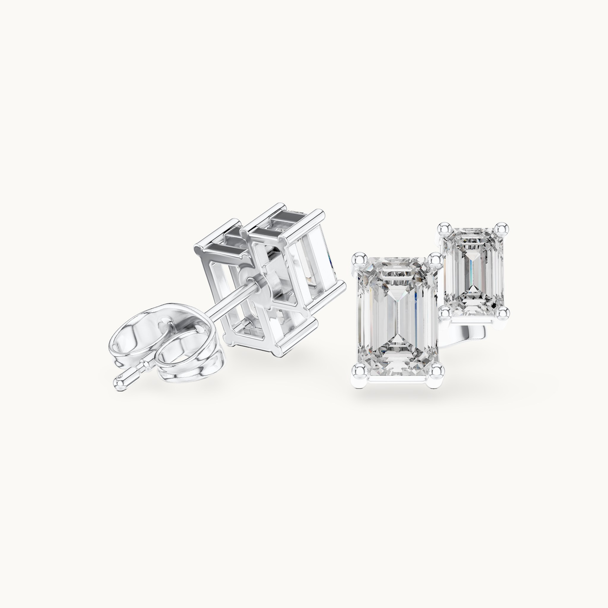Emerald-cut lab-grown diamond two stone stud earrings in 14K white gold, 1.47 CT TW, view 1