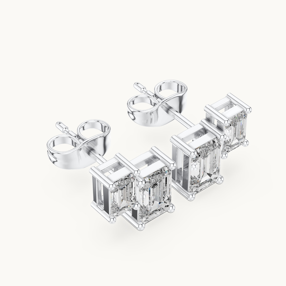 Emerald-cut lab-grown diamond two stone stud earrings in 14K white gold, 1.47 CT TW, view 2