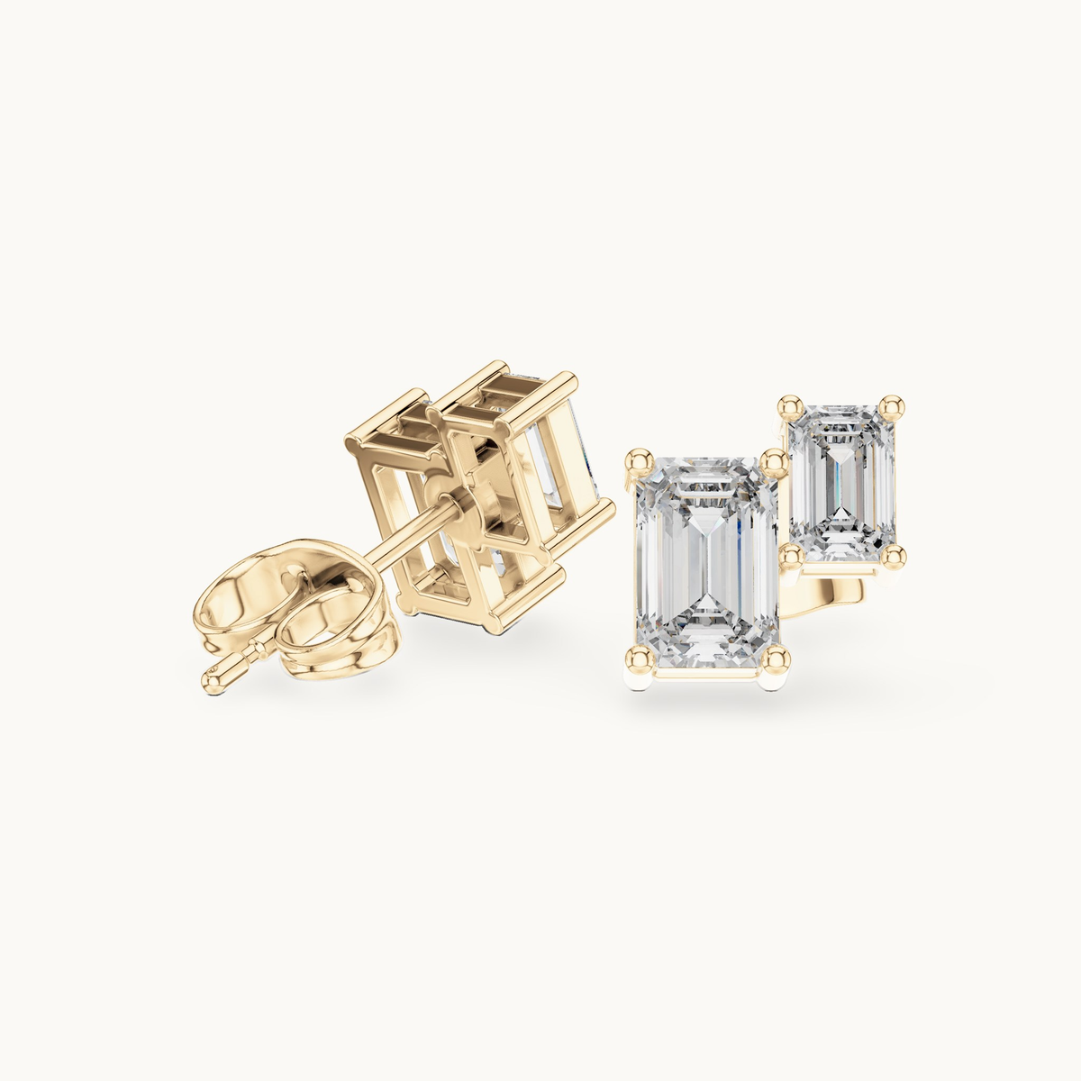 Emerald-cut lab-grown diamond two stone stud earrings in 14K yellow gold, 1.47 CT TW, view 1