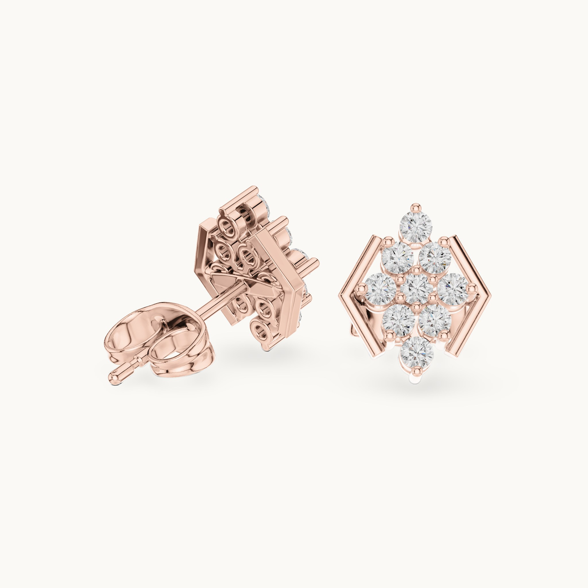 Round lab-grown diamond geometric cluster stud earrings in 14K rose gold, 0.32 CT TW, view 1