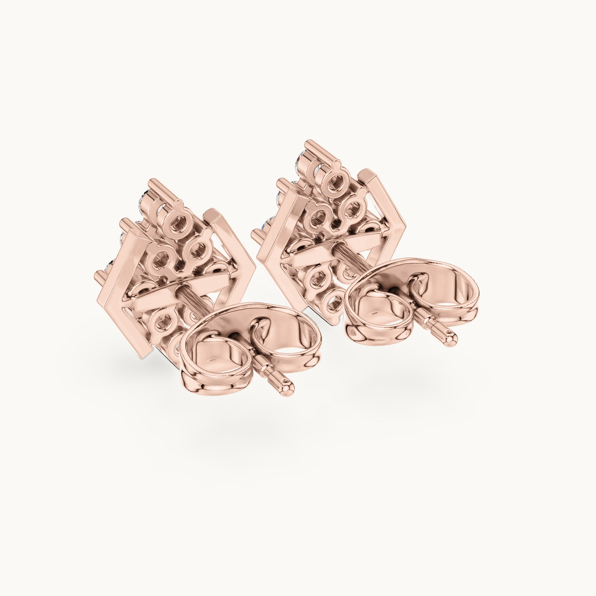 Round lab-grown diamond geometric cluster stud earrings in 14K rose gold, 0.32 CT TW, view 3
