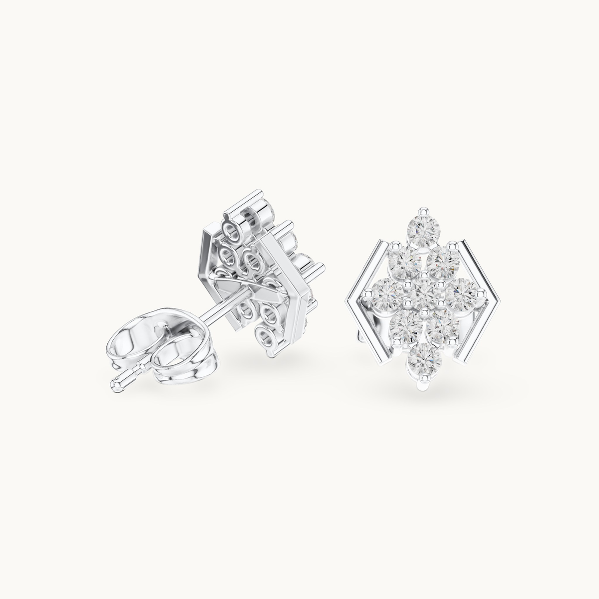 Round lab-grown diamond geometric cluster stud earrings in 14K white gold, 0.32 CT TW, view 1
