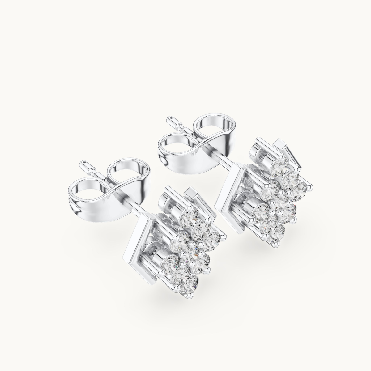 Round lab-grown diamond geometric cluster stud earrings in 14K white gold, 0.32 CT TW, view 2
