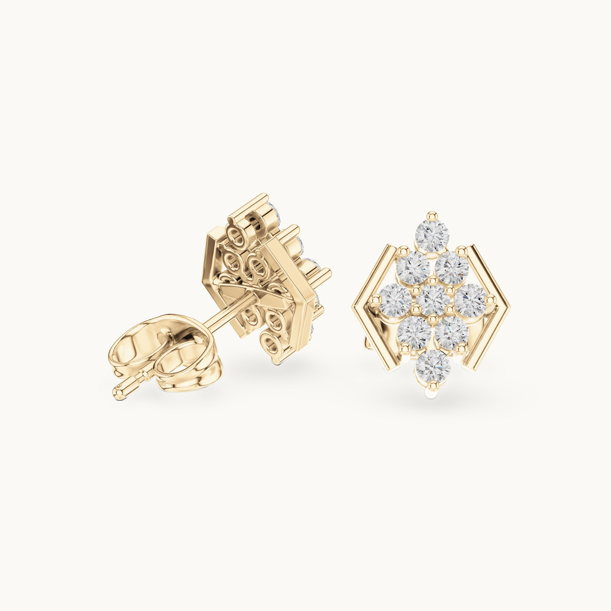 Round lab-grown diamond geometric cluster stud earrings in 14K yellow gold, 0.32 CT TW, view 1
