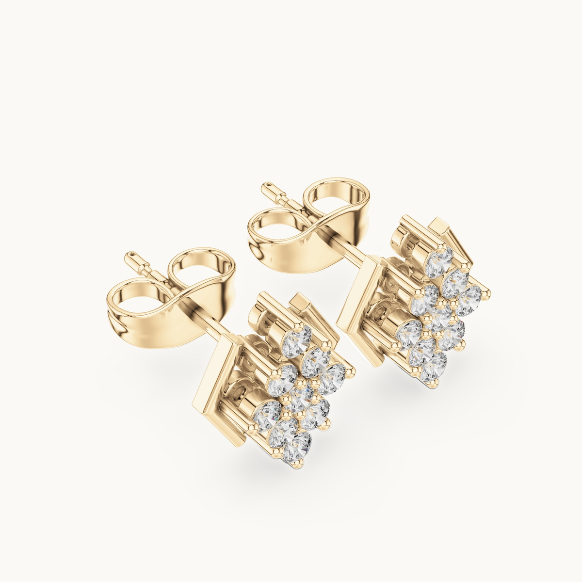 Round lab-grown diamond geometric cluster stud earrings in 14K yellow gold, 0.32 CT TW, view 2
