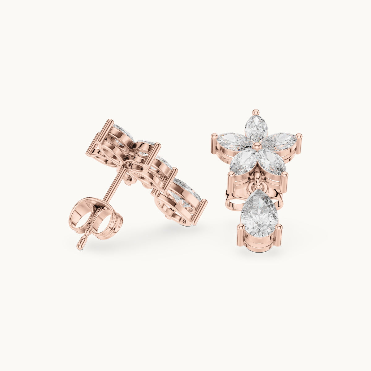 Marquise and pear lab-grown diamond flower drop earrings in rose gold, 1.70 CT TW, view 1
