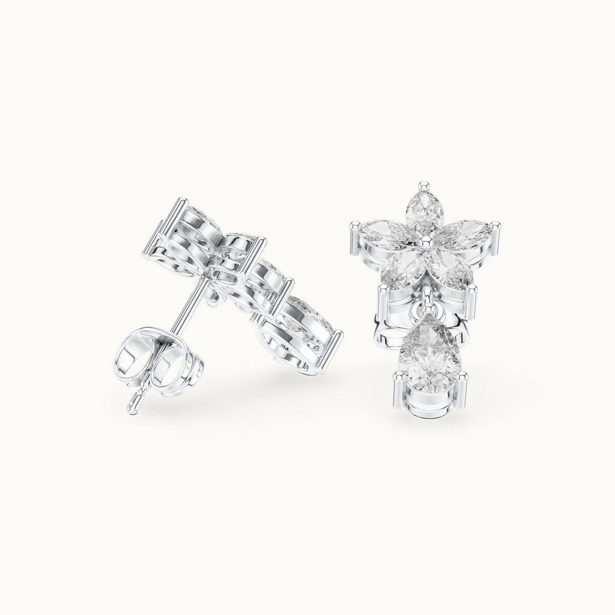 Marquise and pear lab-grown diamond flower drop earrings in white gold, 1.70 CT TW, view 1