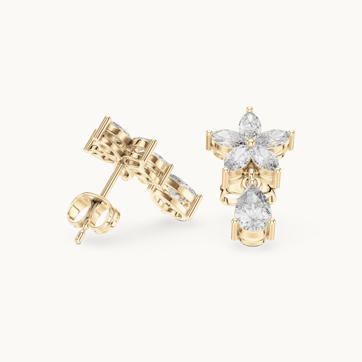Marquise and pear lab-grown diamond flower drop earrings in yellow gold, 1.70 CT TW, view 1