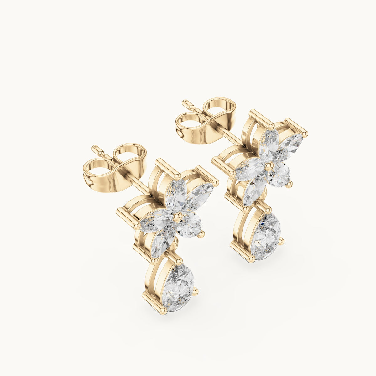 Marquise and pear lab-grown diamond flower drop earrings in yellow gold, 1.70 CT TW, view 2