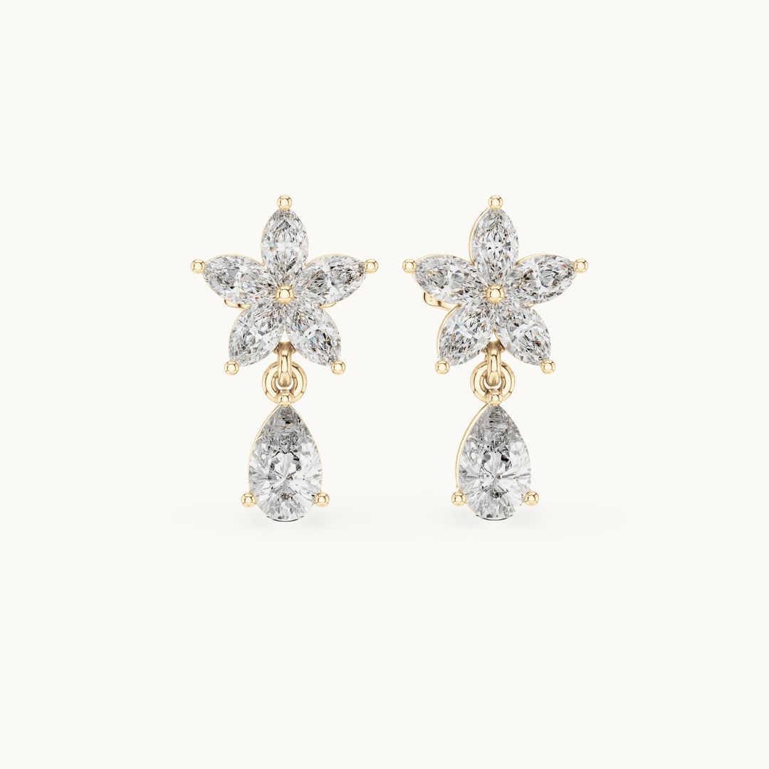 Marquise and pear lab-grown diamond flower drop earrings in yellow gold, 1.70 CT TW, view 4