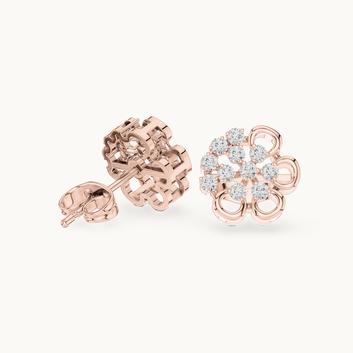 Round lab-grown diamond flower stud earrings in 14K rose gold, 0.44 CT TW, view 1