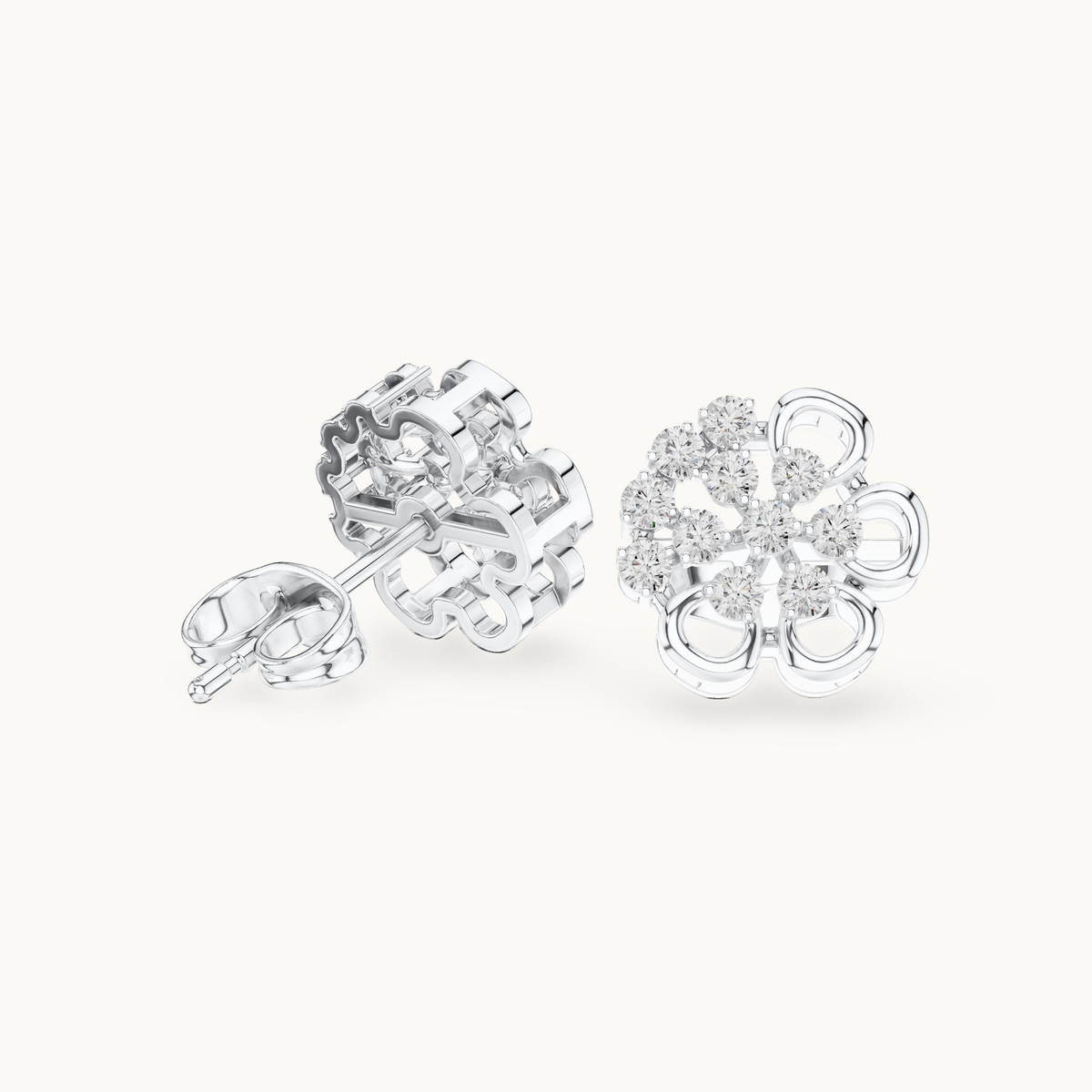 Round lab-grown diamond flower stud earrings in 14K white gold, 0.44 CT TW, view 1
