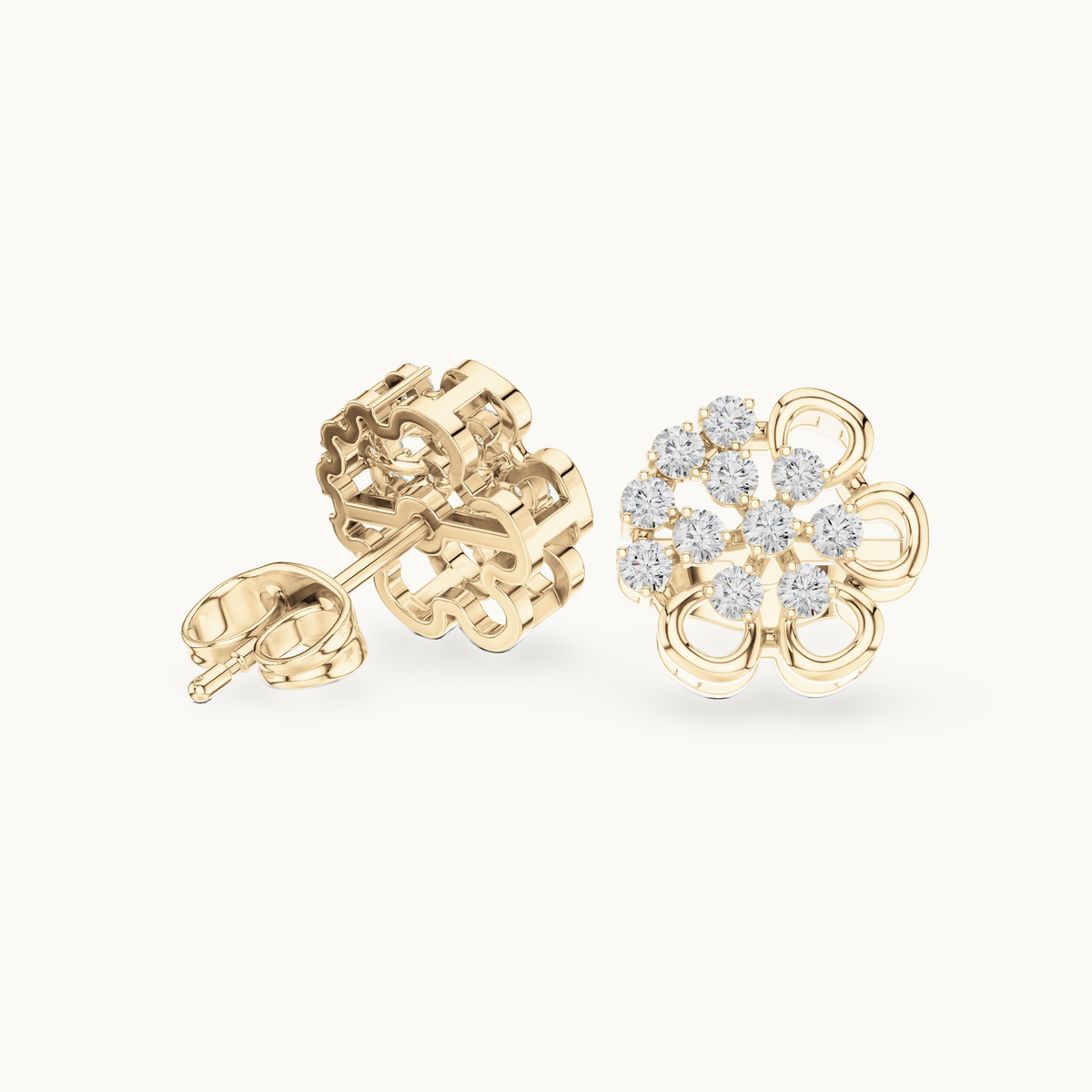 Round lab-grown diamond flower stud earrings in 14K yellow gold, 0.44 CT TW, view 1