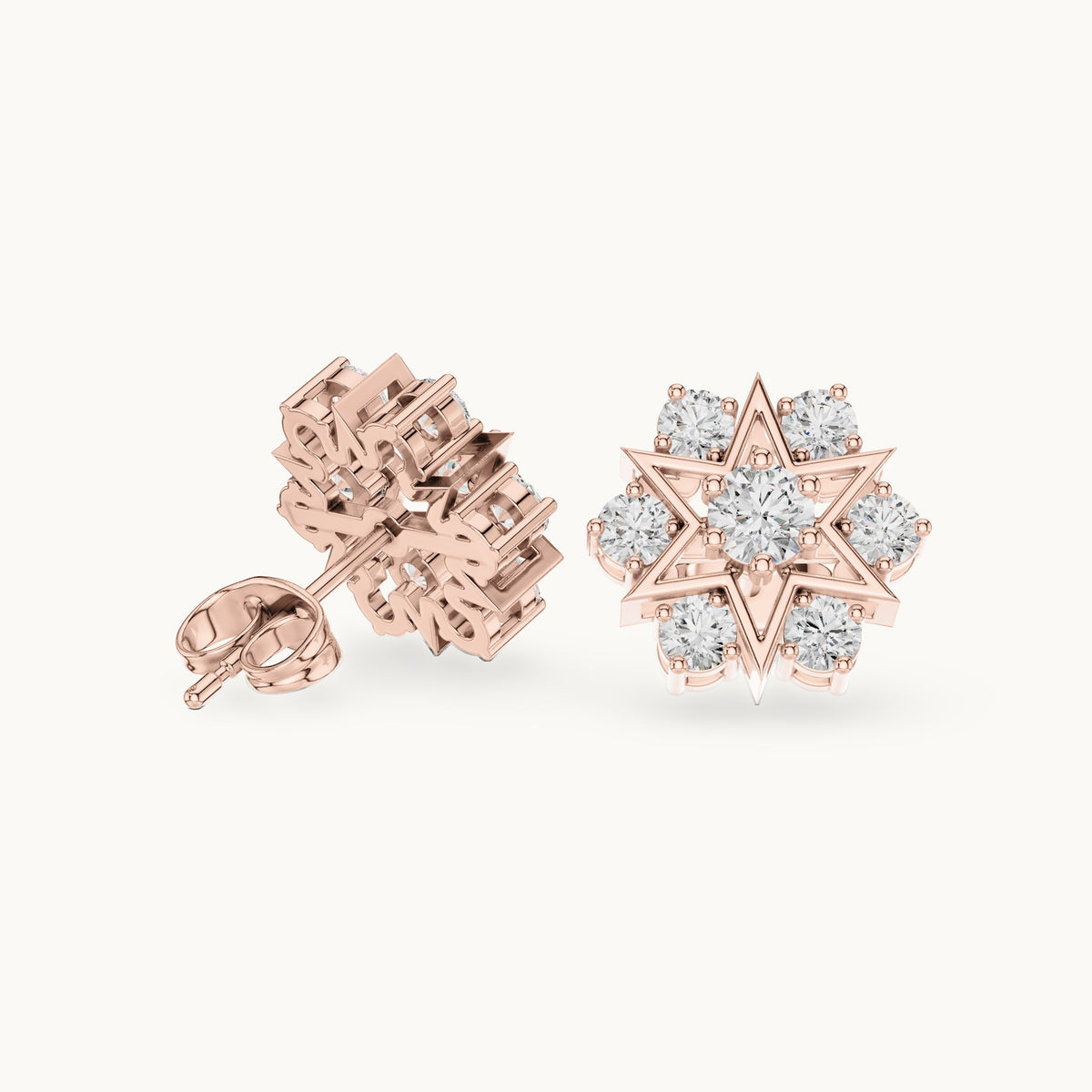 Round lab-grown diamond star cluster stud earrings in rose gold, 1.38 CT TW, view 1